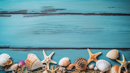 Blue summer background with shells. Illustration Generative AIの素材