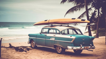 Old car with surf board. Illustration Generative AIの素材