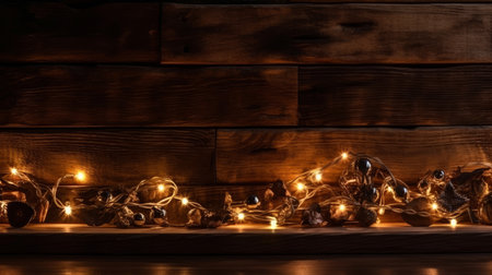 Dark Wooden Background with Christmas Lights. Illustration Generative AIの素材