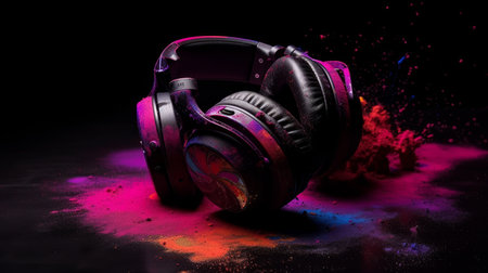 Neon headphones. Illustration Generative AIの素材