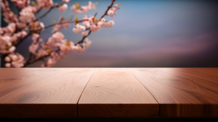 Empty wooden table with sakura flowers. Illustration Generative AIの素材