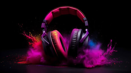 Neon headphones. Illustration Generative AIの素材