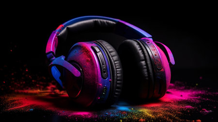 Neon headphones. Illustration Generative AIの素材