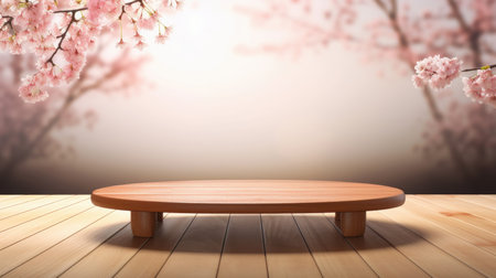 Empty wooden table with sakura flowers. Illustration Generative AIの素材