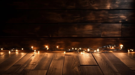 Dark Wooden Background with Christmas Lights. Illustration Generative AIの素材