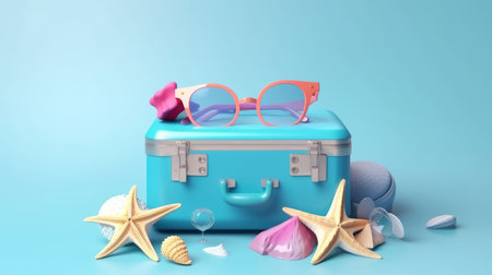 Blue Summer Holiday Background with suitcase.の素材