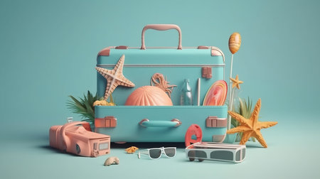 Blue Summer Holiday Background with suitcase.の素材