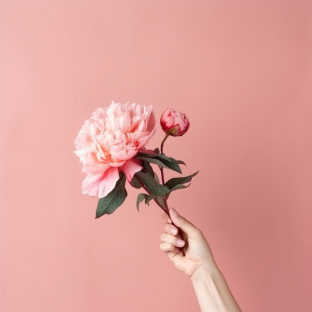 Hand with pink peony flower. Illustration Generative AIの素材
