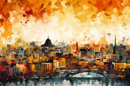 Large city in the style of impressionism painting Illustration Generative AIの素材