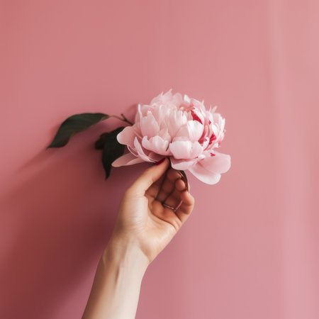 Hand with pink peony flower. Illustration Generative AIの素材