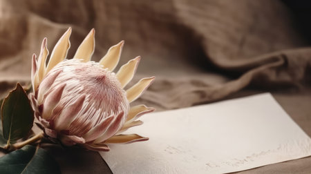 Dried protea flower with blank paper card. luxury background. Illustration Generative AIの素材