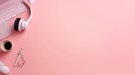 Flat design with headphones and laptop Illustration Generative AIの素材