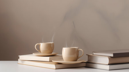 Coffee cups and books on minimalist background. Illustration Generative AIの素材