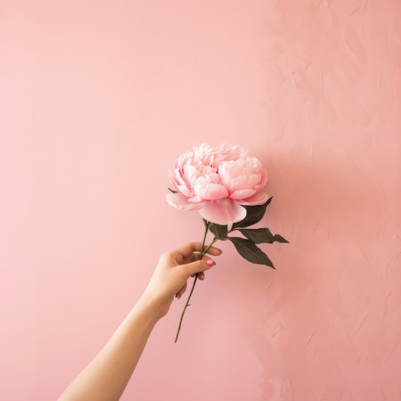 Hand with pink peony flower. Illustration Generative AIの素材