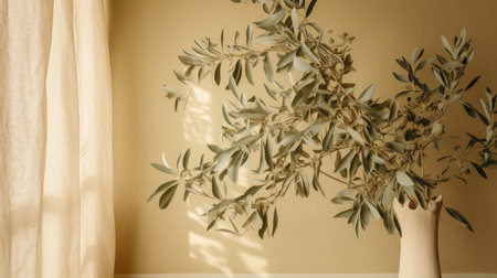 Olive branch leaves on beige background. Illustration Generative AIの素材