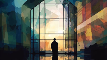 Modern office building with man silhouette painting in Cubism style, Illustration Generative AIの素材