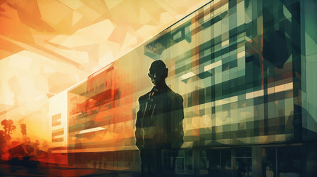 Modern office building with man silhouette painting in Cubism style, Illustration Generative AIの素材