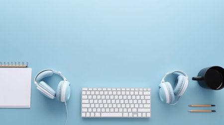 Flat design with headphones and laptop Illustration Generative AIの素材