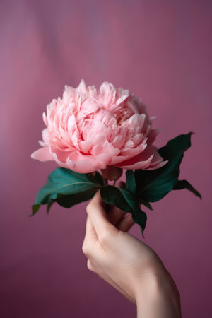 Hand with pink peony flower. Illustration Generative AIの素材