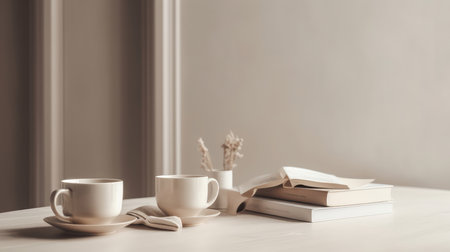 Coffee cups and books on minimalist background. Illustration Generative AIの素材