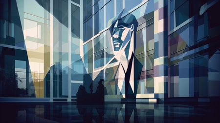 Modern office building with man silhouette painting in Cubism style, Illustration Generative AIの素材