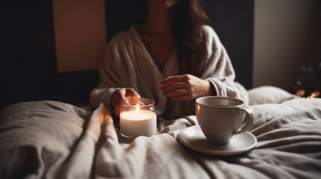 Girl in bed with cup of coffee. Illustration Generative AIの素材