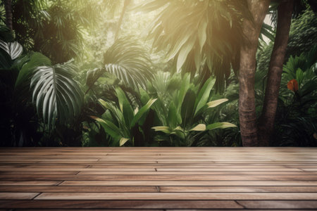 Wooden floor with tropical background. Illustration Generative AIの素材