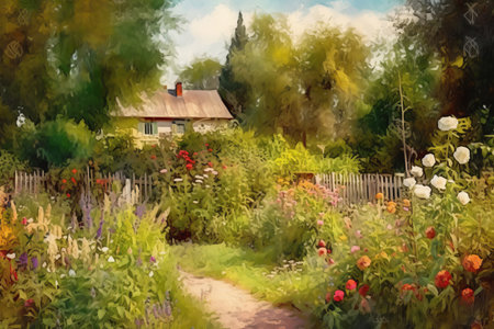 Summer garden in the style of impressionism painting Illustration Generative AIの素材