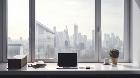 Modern working desk against big window in big city. Illustration AI Generativeの素材