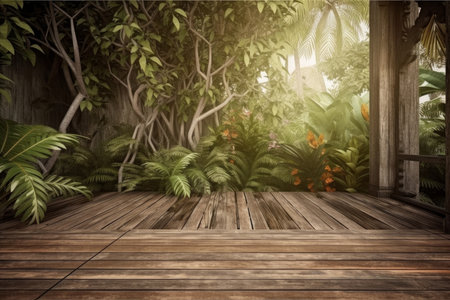 Wooden floor with tropical background. Illustration Generative AIの素材