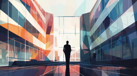 Modern office building with man silhouette painting in Cubism style, Illustration Generative AIの素材