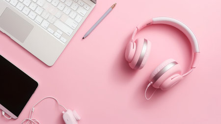 Flat design with headphones and laptop Illustration Generative AIの素材