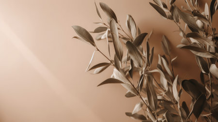 Olive branch leaves on beige background. Illustration Generative AIの素材