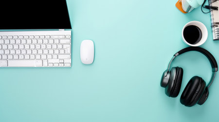 Flat design with headphones and laptop Illustration Generative AIの素材