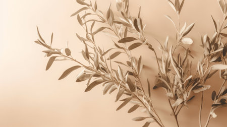 Olive branch leaves on beige background. Illustration Generative AIの素材