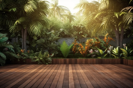 Wooden floor with tropical background. Illustration Generative AIの素材