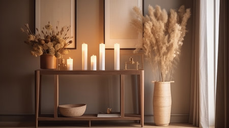 Background with dry flowers and candles. Illustration Generative AIの素材