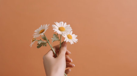 Hand with chamomile flower. Illustration Generative AIの素材