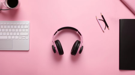 Flat design with headphones and laptop Illustration Generative AIの素材