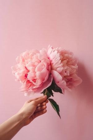 Hand with pink peony flower. Illustration Generative AIの素材
