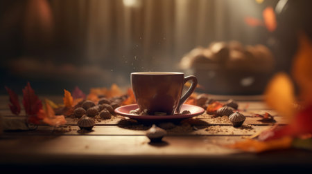 Autumn cozy coffee background. Illustration Generative AIの素材