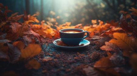 Autumn cozy coffee background. Illustration Generative AIの素材