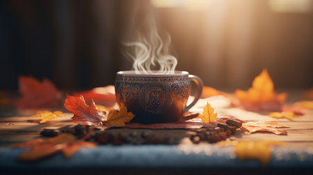 Autumn cozy coffee background. Illustration Generative AIの素材