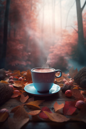 Autumn cozy coffee background. Illustration Generative AIの素材
