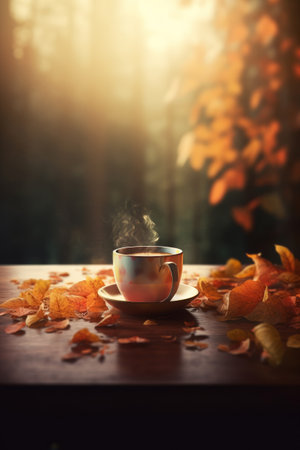Autumn cozy coffee background. Illustration Generative AIの素材