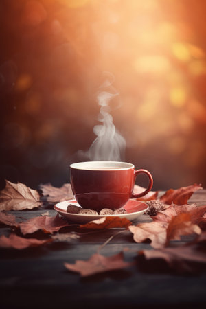 Autumn cozy coffee background. Illustration Generative AIの素材