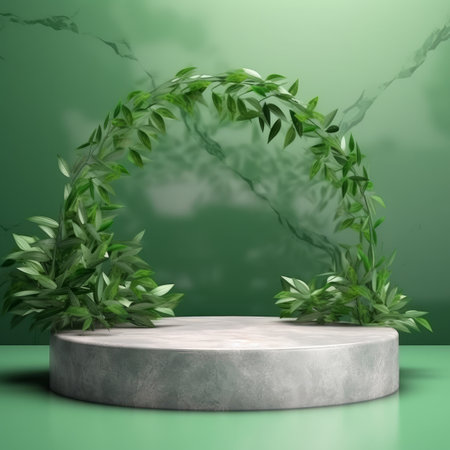 Natural stone podium with tropical leaves. Illustration Generative AIの素材