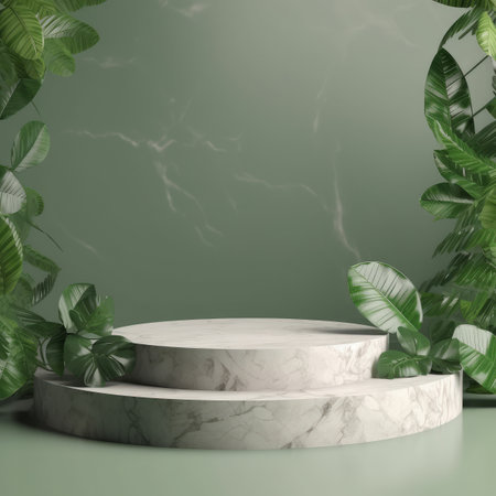Natural stone podium with tropical leaves. Illustration Generative AIの素材