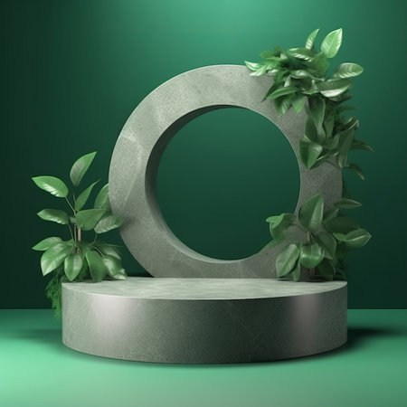 Natural stone podium with tropical leaves. Illustration Generative AIの素材