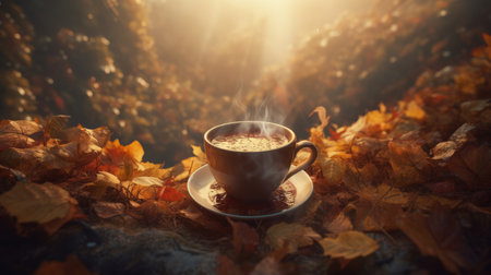 Autumn cozy coffee background. Illustration Generative AIの素材